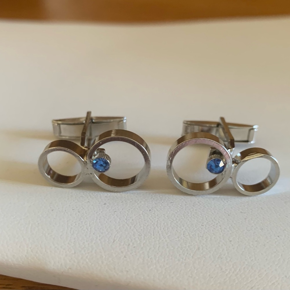 🧿 Modernist Silver-Tone Cufflinks with Blue Stone — Geometric Double Circle - Picture 4 of 6
